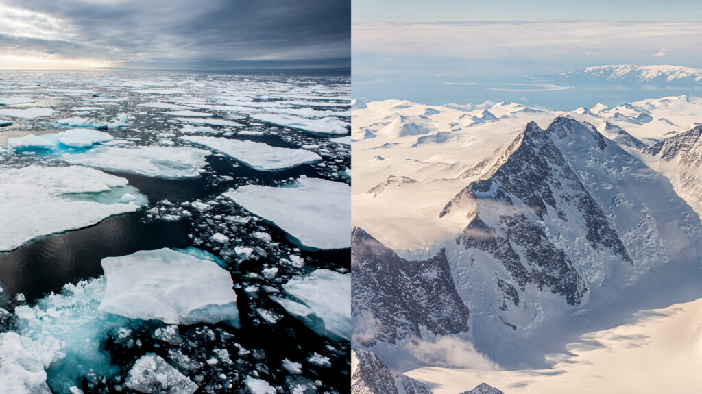 a photograph showing the difference between mountains in Antarctica and flat frozen ocean in the arctic