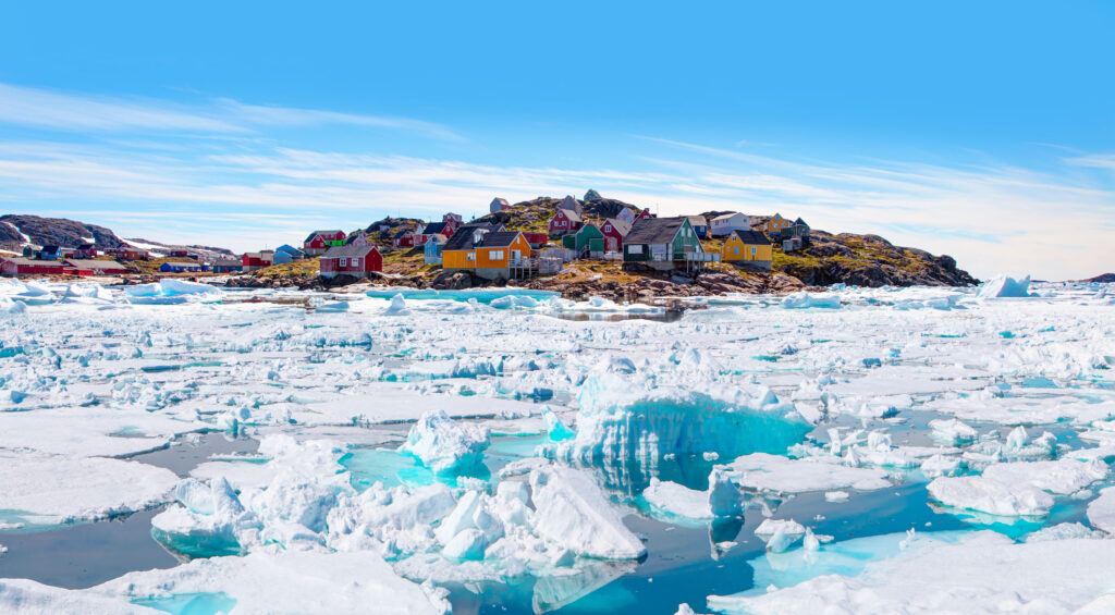 Colourful houses and sea ice in Greenland