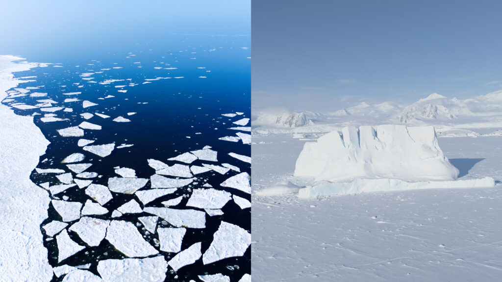 A photo showing a comparison between Arctic sea ice and Antarctica sea ice