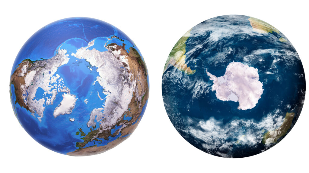 A satellite map of the arctic compared with a satellite map of Antarctica
