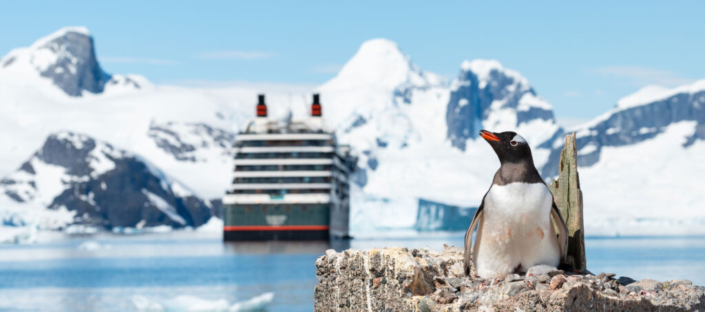 an expedition cruise ship in Antarctica