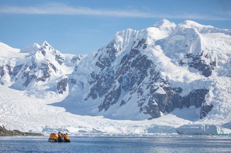 mountains and a Zodiac in Antarctica