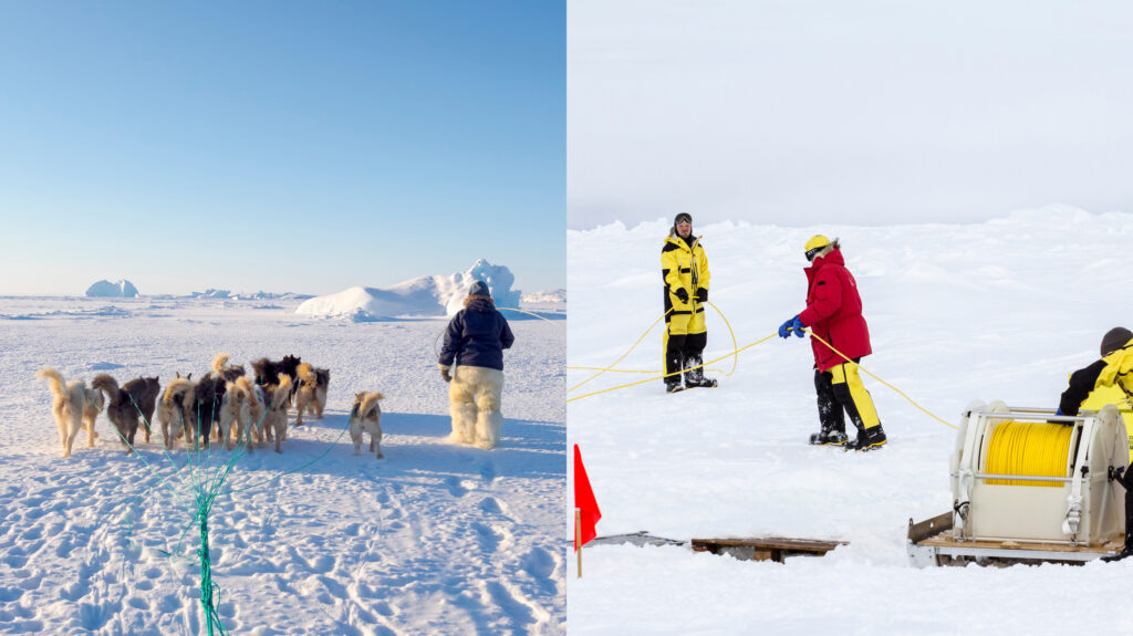a comparisson photo showing an Inuit with a dogsled in the arctic and researchers in Antarctica