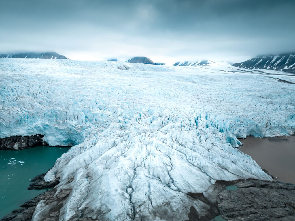 a large glacier in Svalbard seen from above