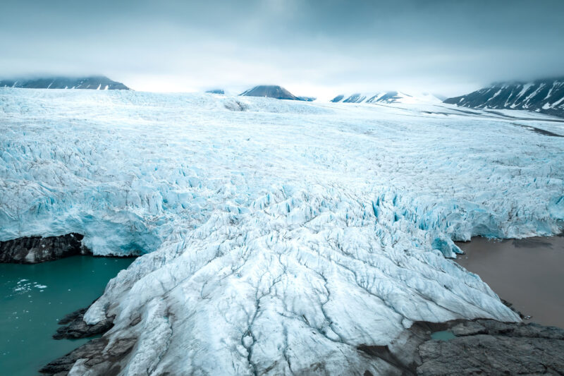 a large glacier in Svalbard seen from above