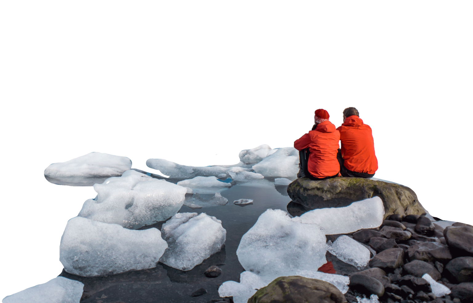 visiting the Arctic Circle 2 people sat on a rock by ice